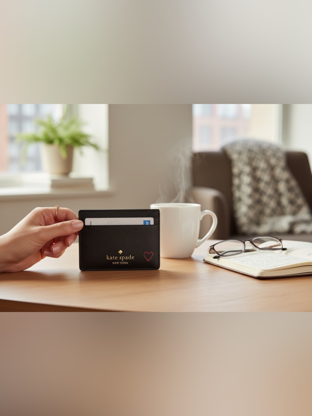 kate spade Black Leather Card Holder with Gold Logo